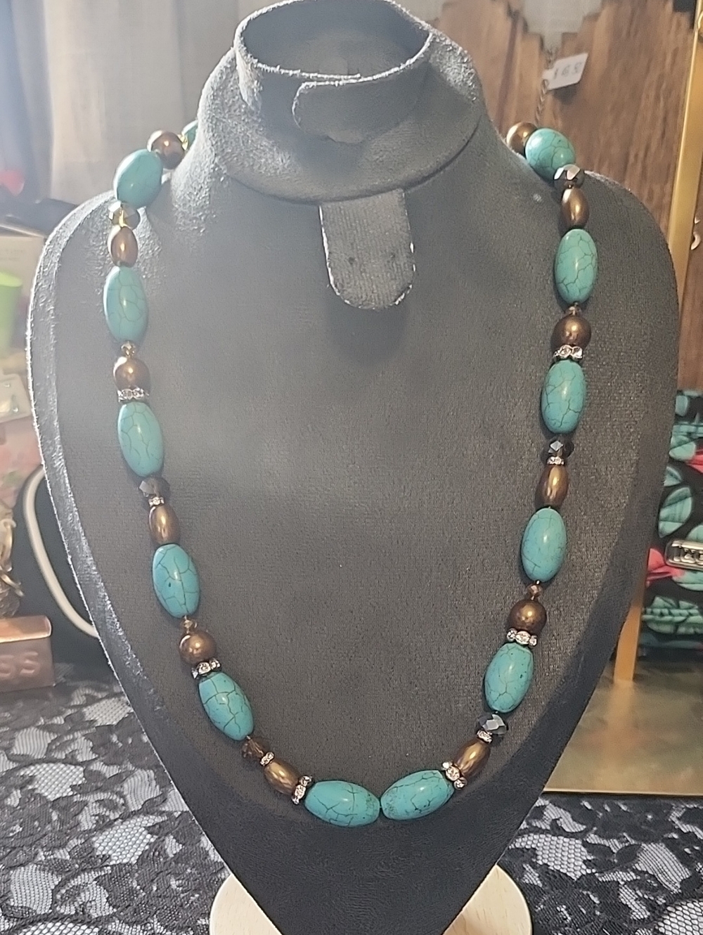 Turquoise Colored Bead Necklace with Bronze Accents - Women's Jewelry